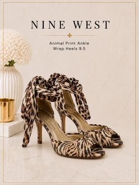 🐅Nine West Animal Print Ankle Wrap Heels in Semi-Sheer Chiffon & Leather 9.5🐅